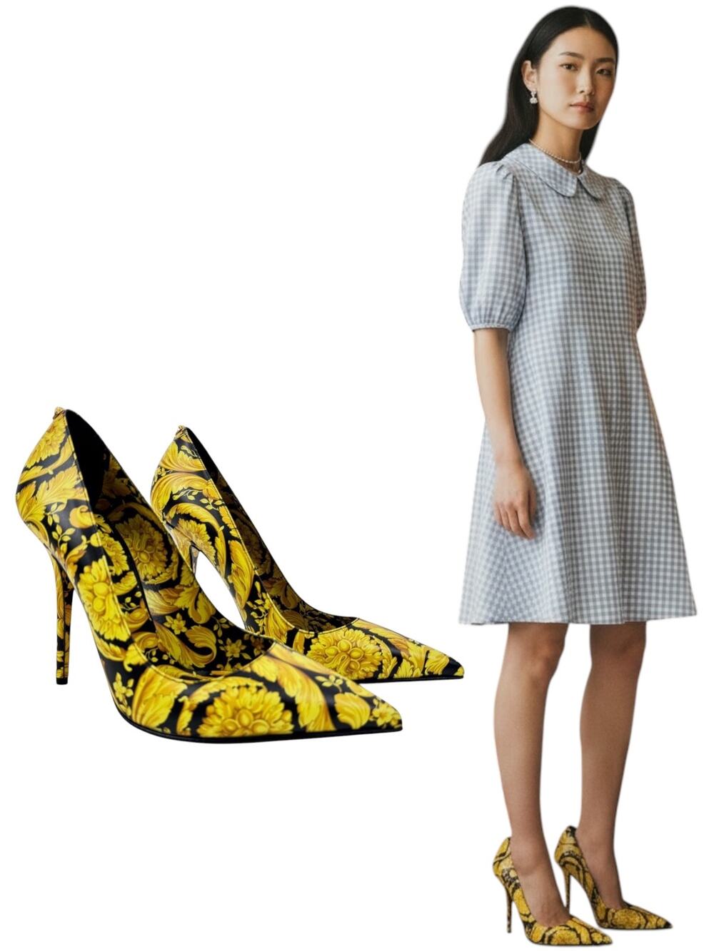 Versace Borocco Medusa Leather Heels Pointed Toe Printed Black And Gold 39.5